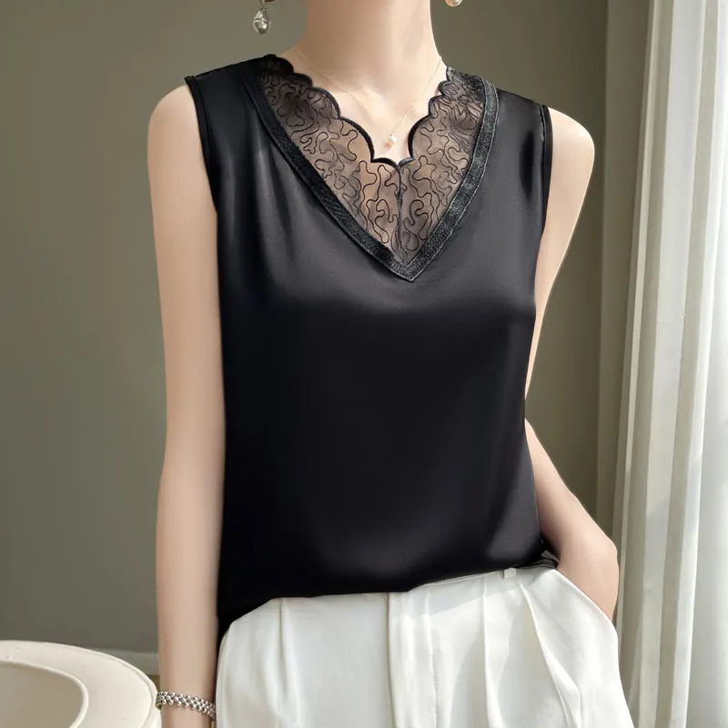 Elegant lace Vneck womens sleeveless Tshirt summer project acetic acid satin loose slimming 250407