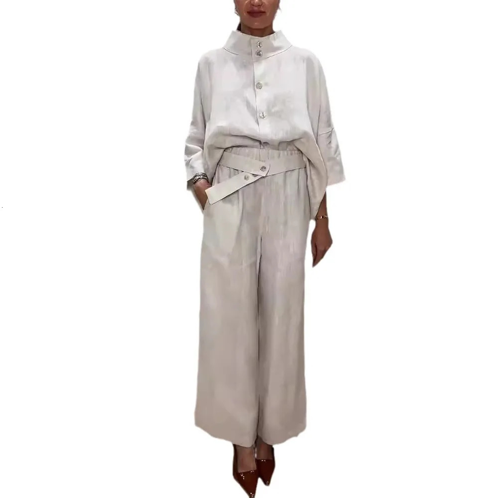 Autumn city temperature comfortable stand collar seven quart cotton linen shirt set 250401