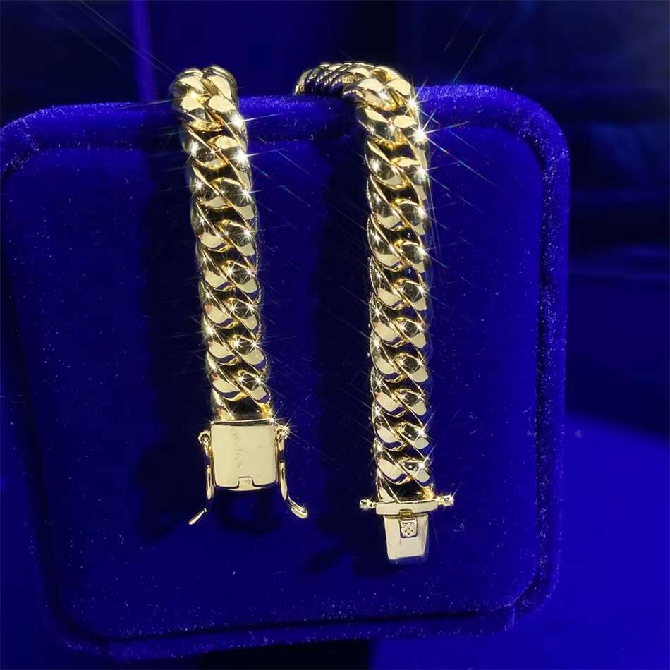 Popular 8MM Miami Cuban Link Chain No Stone Smooth Surface Real Gold Plated Hip Hop 925 Sterling Silver Bracelets