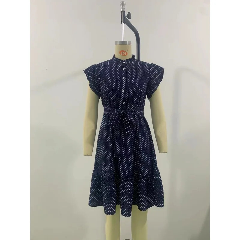 Womens elegant polka dot short sleeved A-line dress for beach vacation in spring and summer womens O-neck lace button midi dress 250402