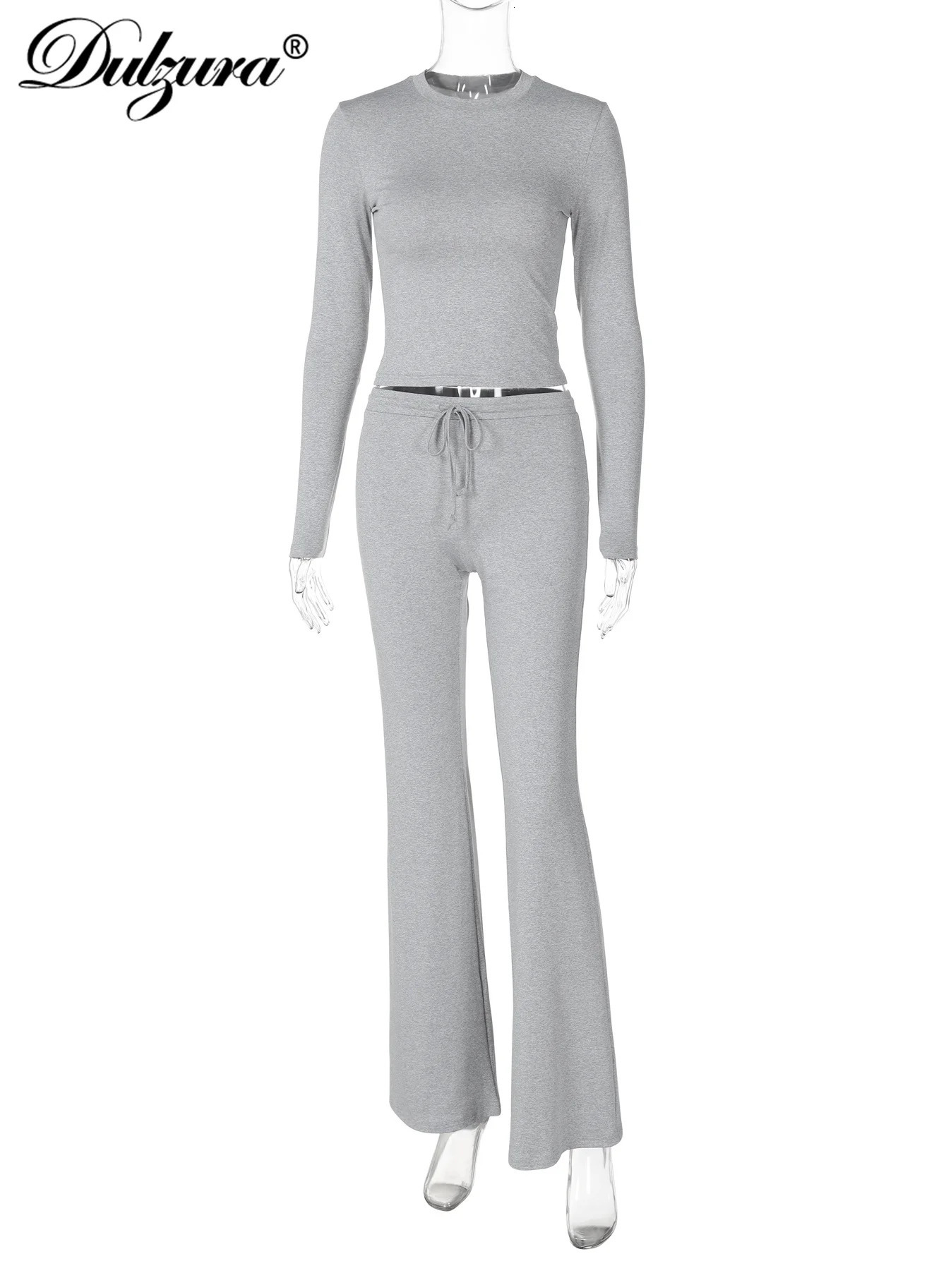 Dulzura WomenS Casual 2 Piece Pants Set Long Sleeves Bodycon Crop Top And Drawstring Flare Pants Matching Set Streetwear Autumn 251104