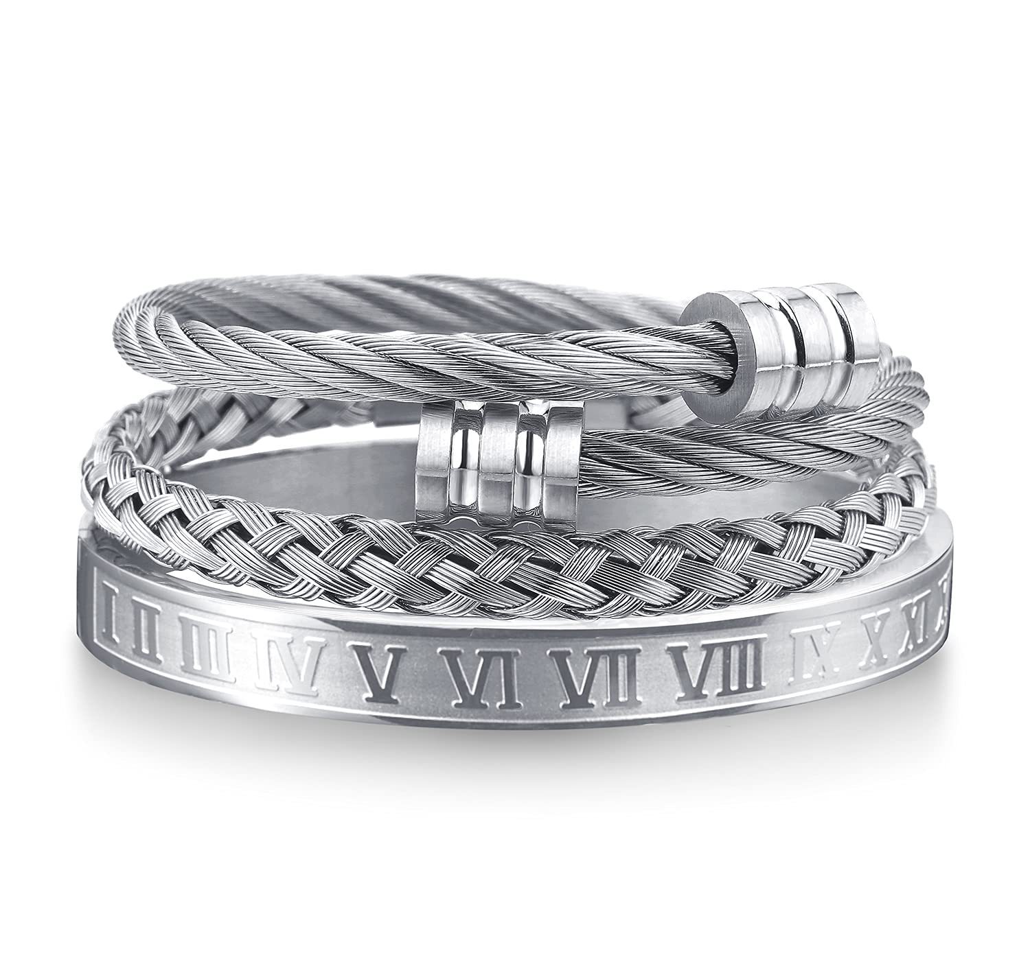 3-piece combination stainless steel woven for men, Roman numeral bracelet, twisted rope adjustable cuff bracelet
