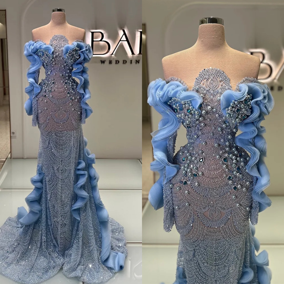 Exquisite Evening Dresses Pearls Crystal Mermaid Prom Gowns Beading See Through Long Sleeves Customized Sweep Train Princess Formal Occasion Party Dre