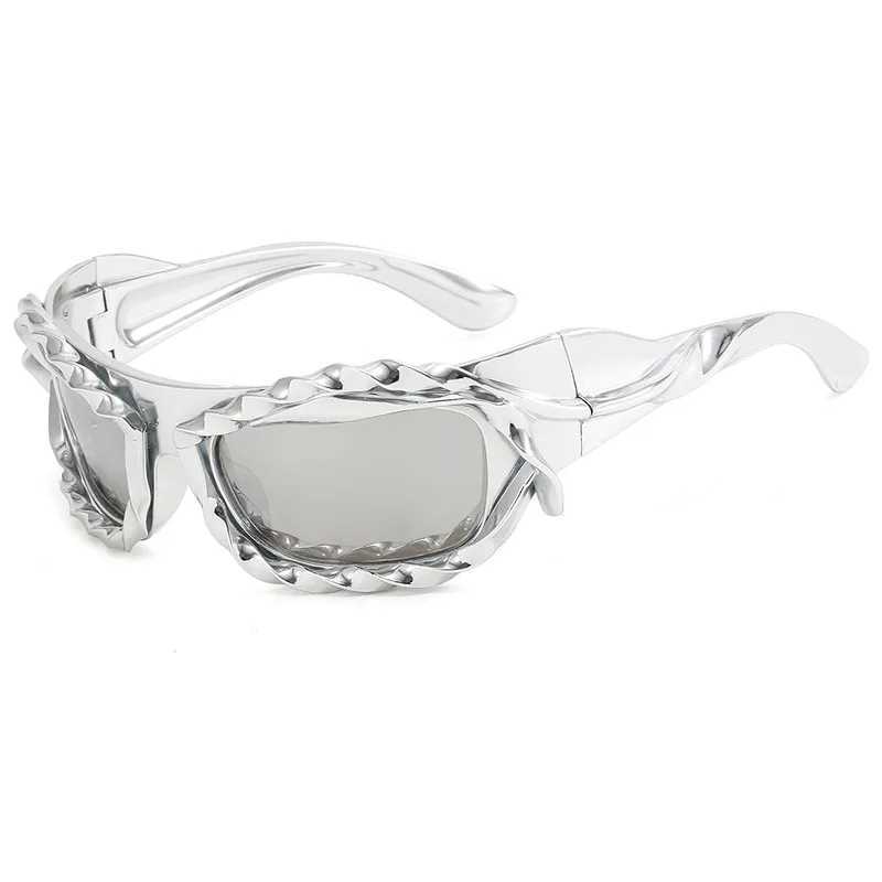 Unique Hip Hop Y2K Sunglasses For Women Men New Sports Twisted Sun Glasses Female Party Shades Silver Retro 2000s EyewearC250411