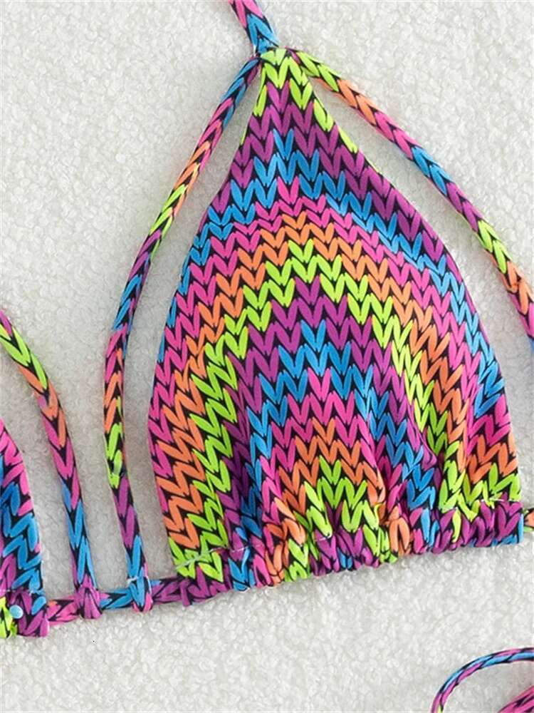 Dongdumaoyi Sexy Neon Contrast Stripe Bikini Women Cut Out Push Up Criss Cross Swimsuit Summer Bathing Suit Tie Side Triangle Swimwear