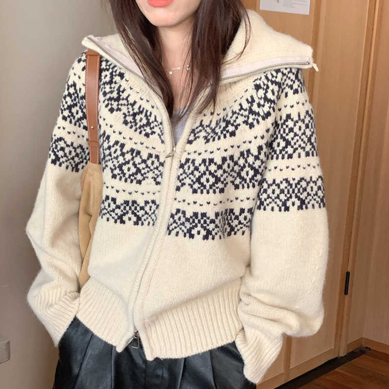 KANING Fair Isle Jacquard Zipper Knitted Cardigan 2025 Autumn Winter New Top Christmas Chic Sweater W251107