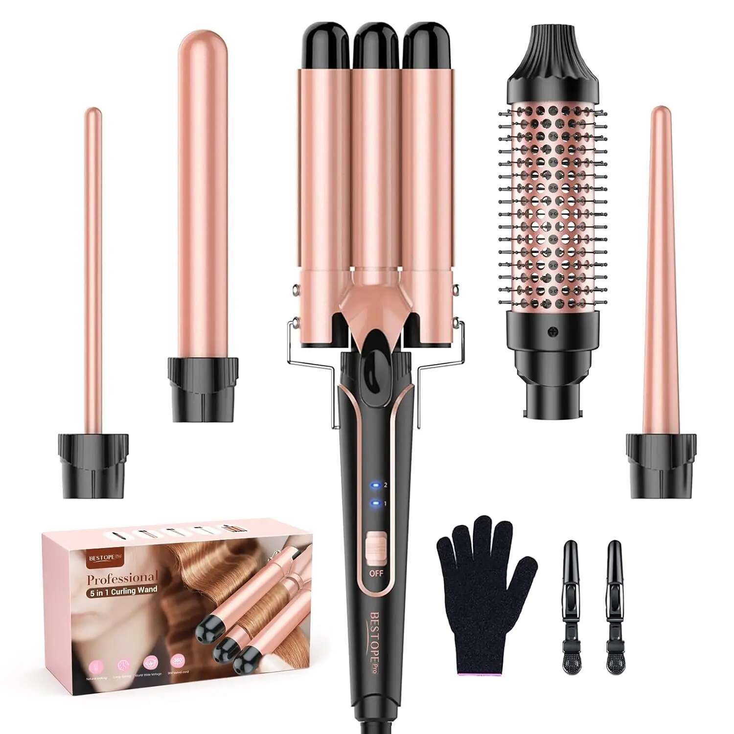 BESTOPE PRO Waver Iron Wand, 5 In 1 Curg Set With 3 Barrel Crimper For Women, Fast Heating Hair Wand Curle