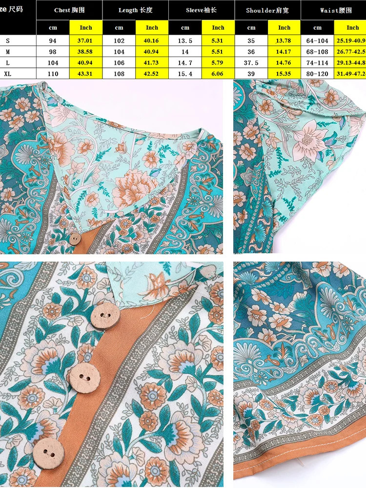 Green floral print Bohemian Midi summer dress for women elegant short sleeved petal dress party vacation beach clothing womens robe 250401
