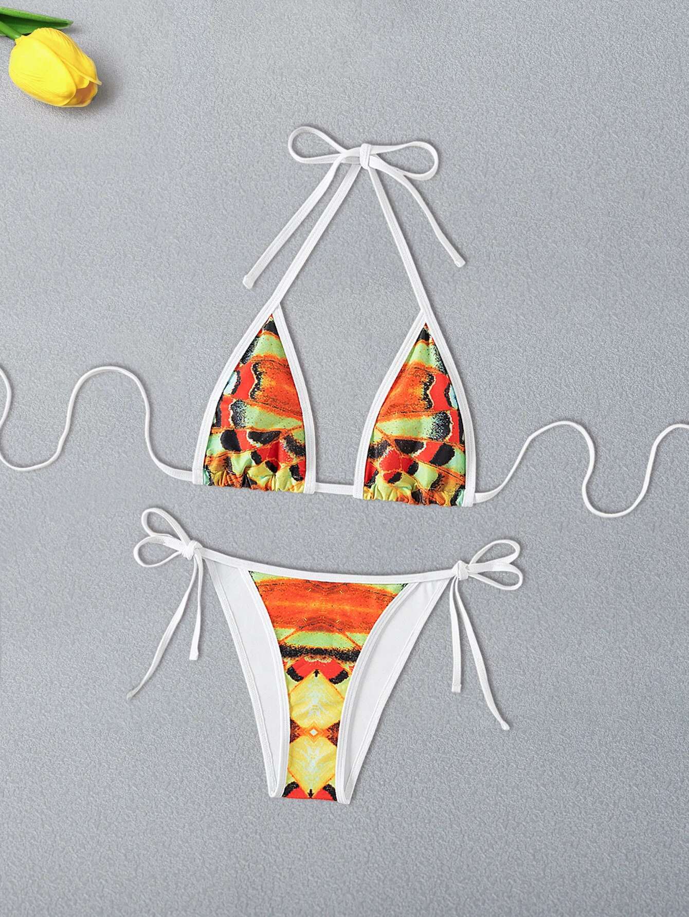 Dongdumaoyi Sexy Orange Tie Dye Print Bikini Set Women Halter Push Up Bra Side Bandage Thong Swimwear Bathing Suit Micro Swimsuit
