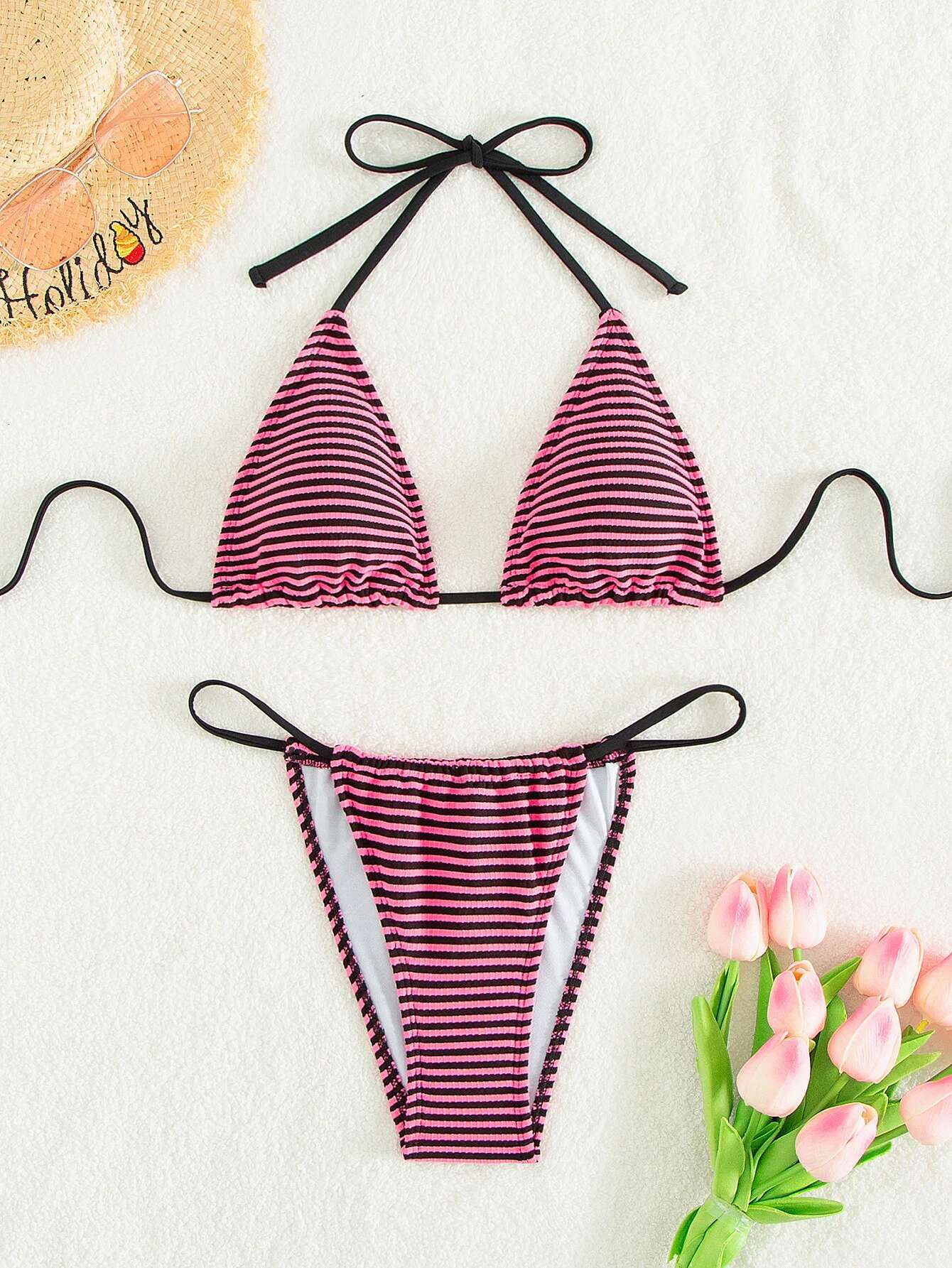 Dongdumaoyi Sexy Purple Striped Micro Bikini Mujer Women Halter Push Up Bra Thong Swimsuit Beach Bathing Suit Swimwear Vacation Outfits