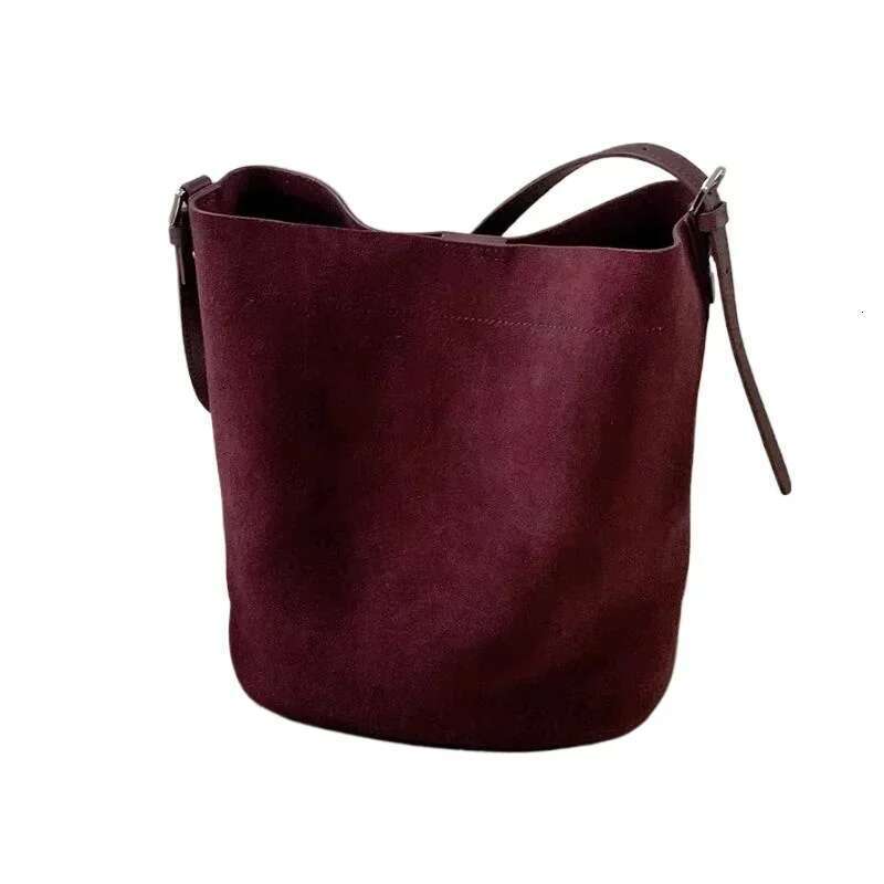 Maillard Design Simple Coffee Wine Red Bucket Tote Winter Thick Matte Suede Cow Leather Women Crossbodby Shoulder Bag