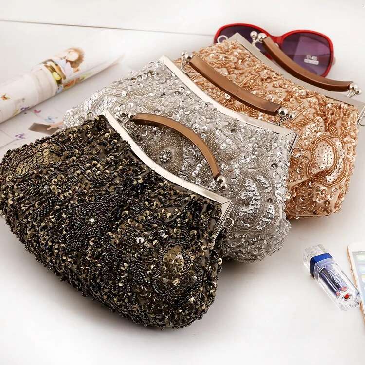 Vintage Sequin Beaded Handbags For Women Wedding Party Bridal Clutches Evening Fashion Retro Chain Crossbody Shoulder Bag