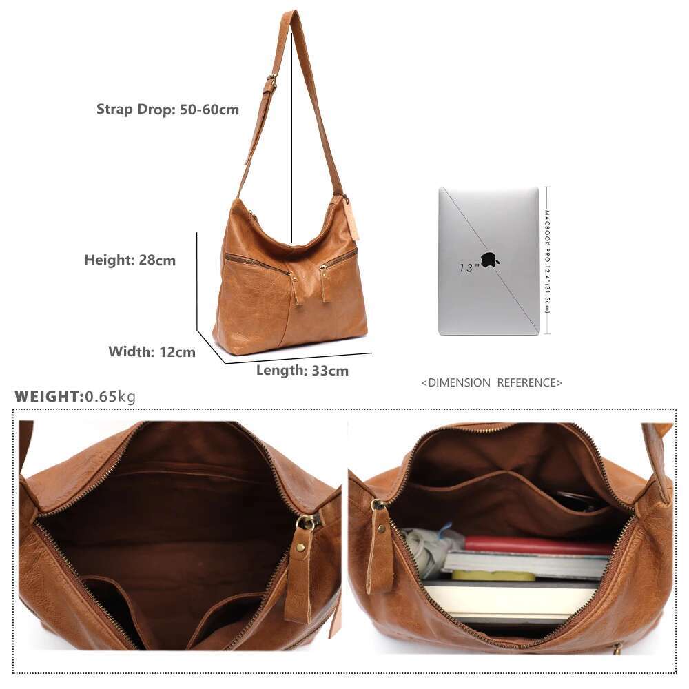 SC Vintage Large Casual Women Shoulder Bag Oil Wax Genuine Leather Multi Pockets Hobo Handbag Retro Daily Crossbody Purse