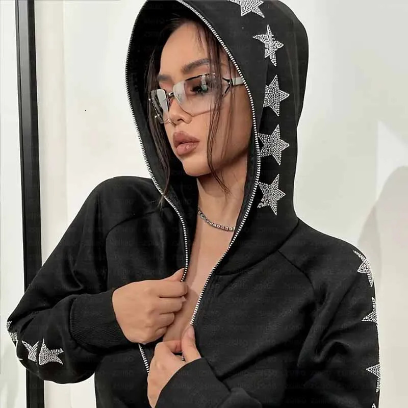 Y2K rhinestone zipper oversized sweater for women autumn Gothic hooded sweatshirt black jacket streetwear tops 250403