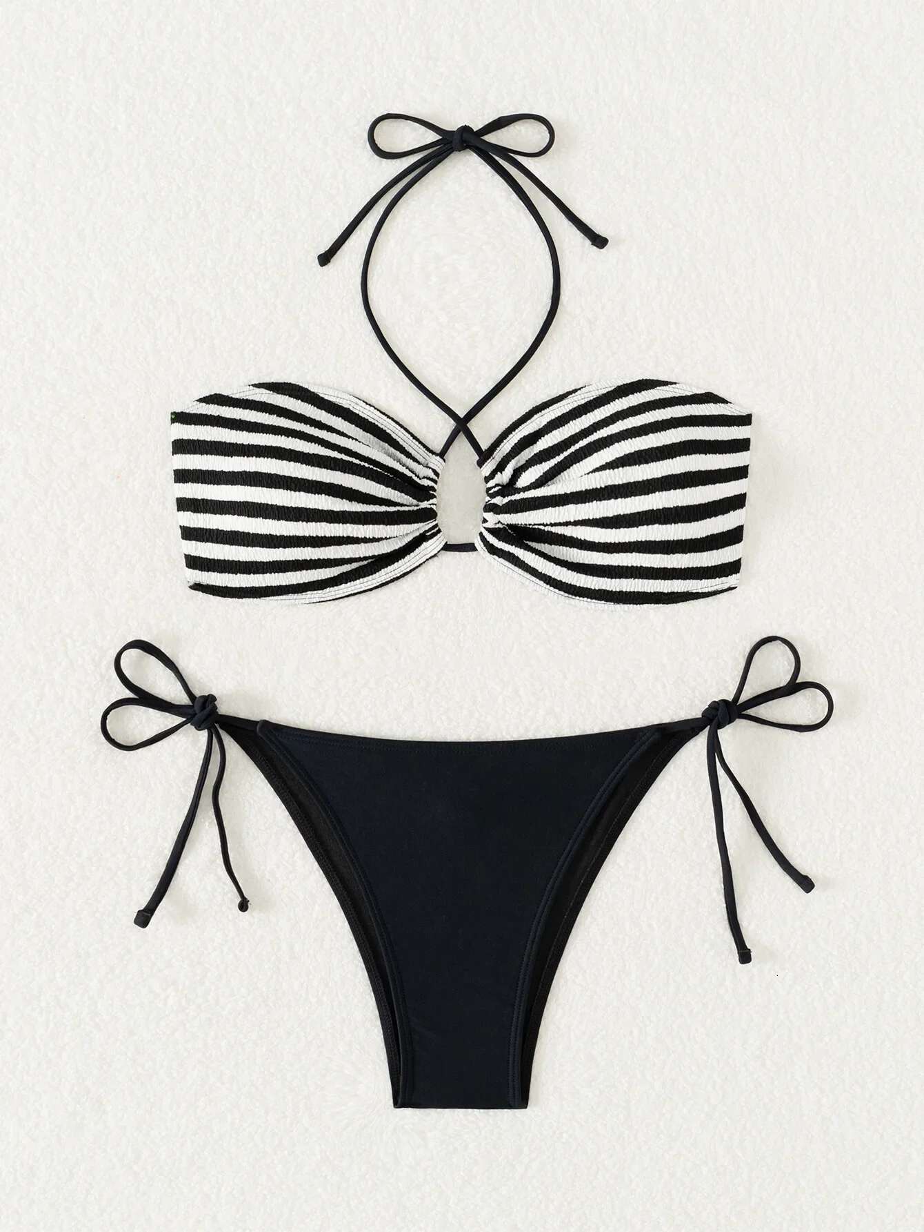 Dongdumaoyi Sexy Black Striped Bikini Mujer Women Halter Cross Pleate Push Up Tie Side Thong Swimsuit Summer Bathing Suit Mini Swimwear