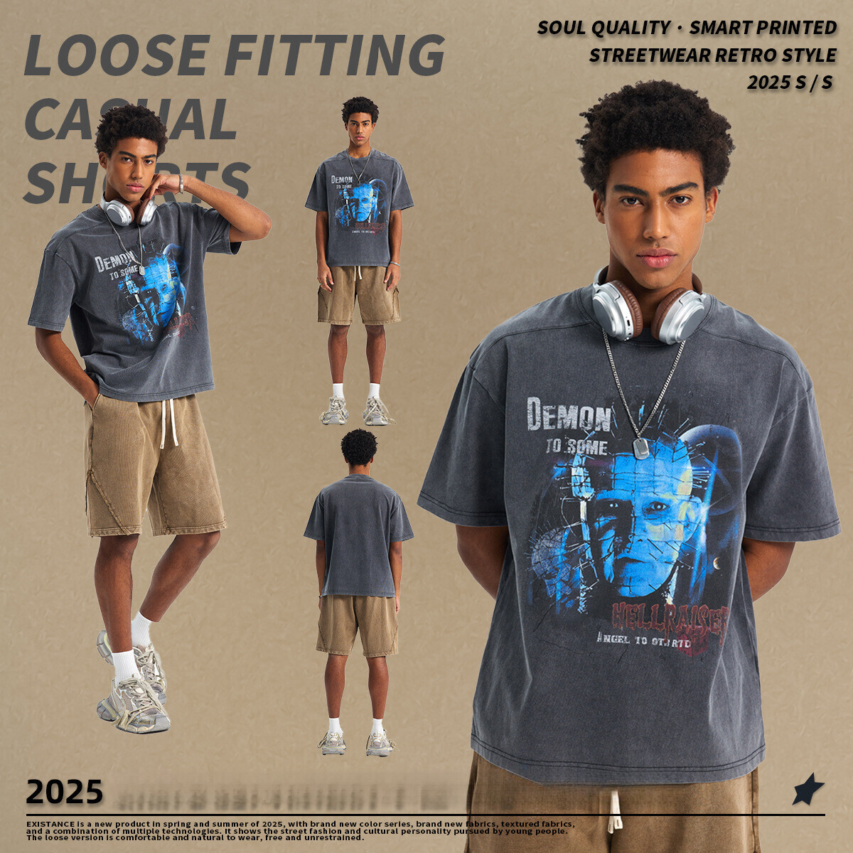 Chain fashion men's clothing | 2025 spring/summer printed T-shirt trendy brand street vintage pure cotton couple short sleeved shirt