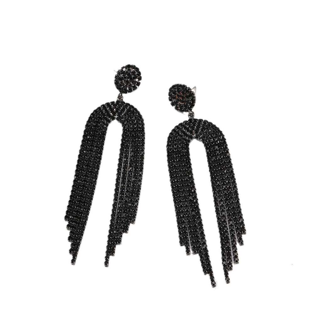 hot Exaggerated geometric dia studded long U-shaped tassel rhie for women, niche, cold and metallic earrings