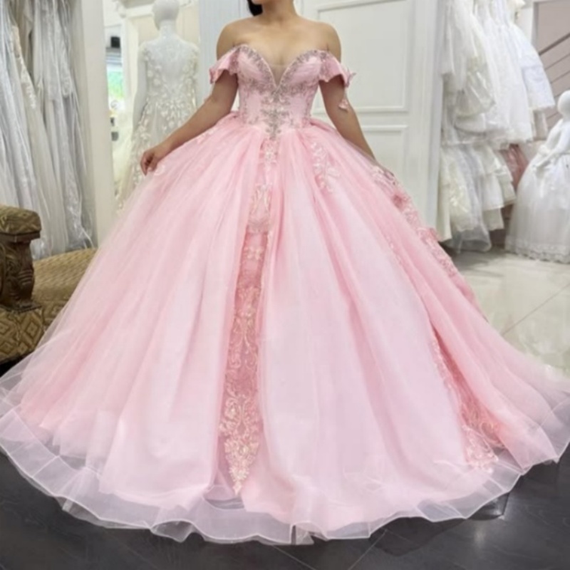 Pink Quinceanera Dresses Off Shoulder Ball Gown Sweet 16 Dress Applique Lace Beads Bow Tull Birthday Party Vestidos 15 De Anos