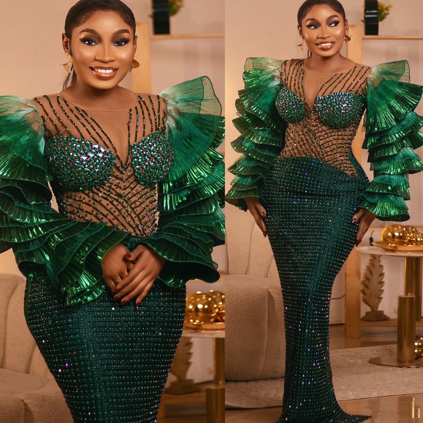 Aso Ebi Dark Green Sheath Prom Dresses 2026 Crystals Full Sleeves Evening Formal Party Second Birthday Engagement Gowns Plus Size Dress For Special Oc