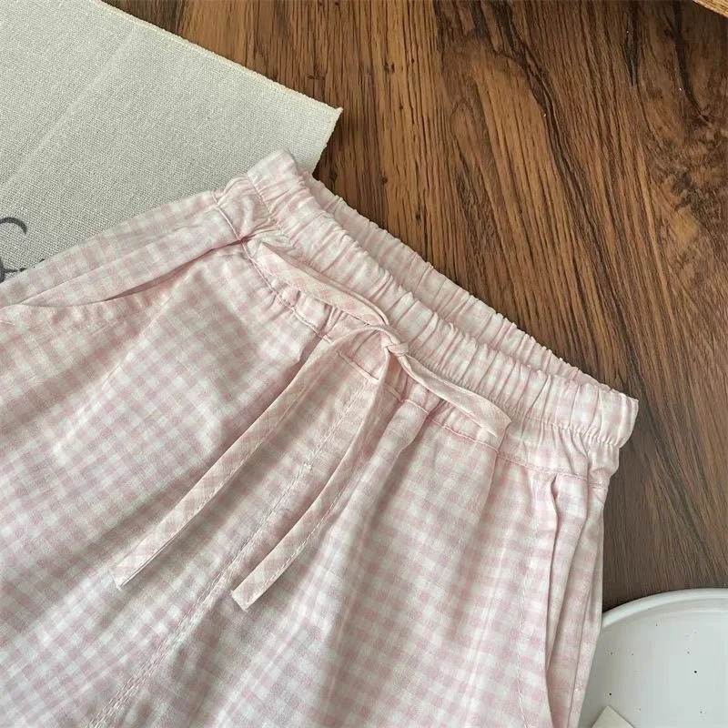 Childrens Clothing Sets Bow Short Sleeve Top Plaid Wide Leg Pants Set Girls Bow T-shirt Clothes Kids Toddler Princess Clothes 250407