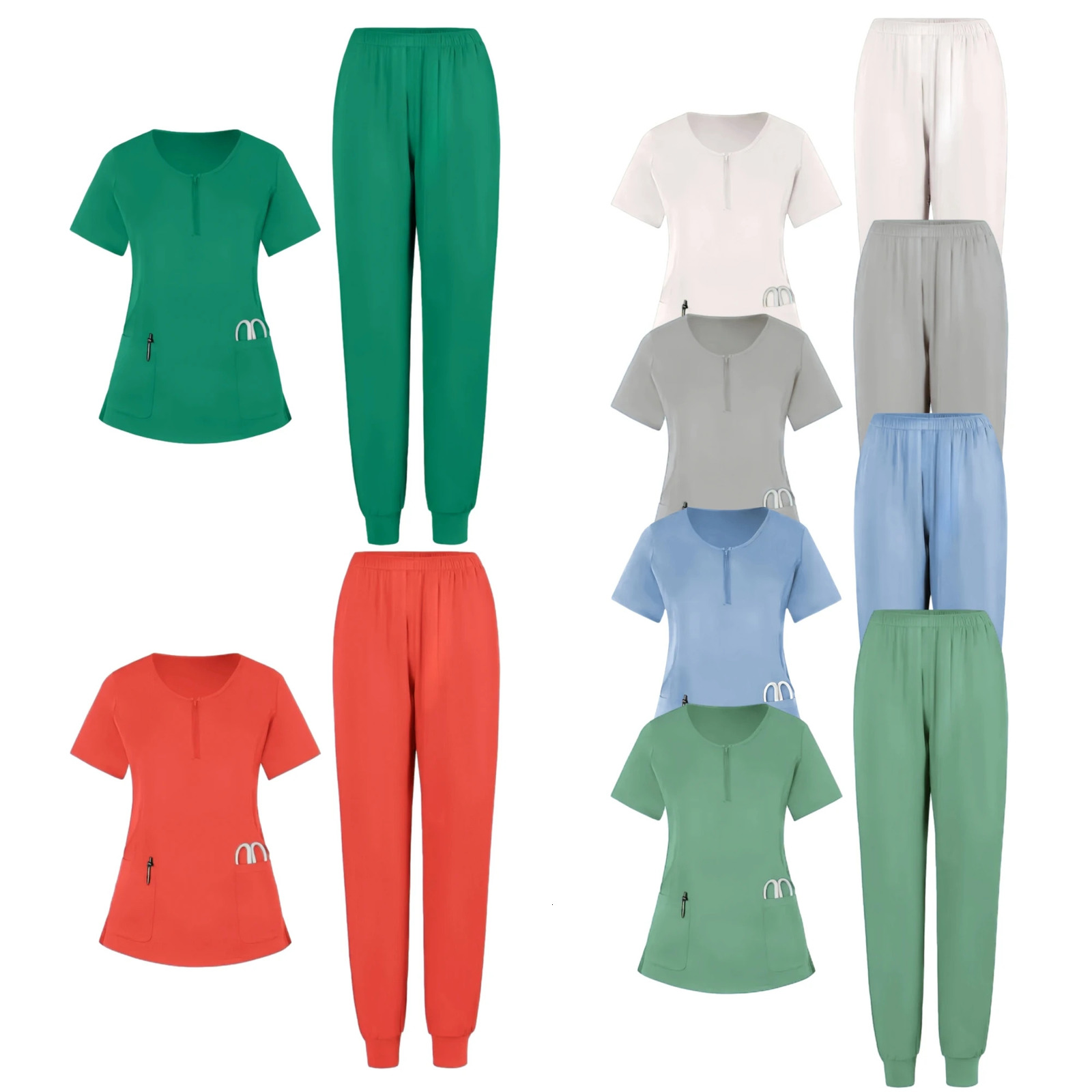 Nurse Uniform 2Pcs Zip Scrubs Set Women Hospital Uniform Surgery Dentist Overalls Spa Clinical Beauty Work Wear 250402