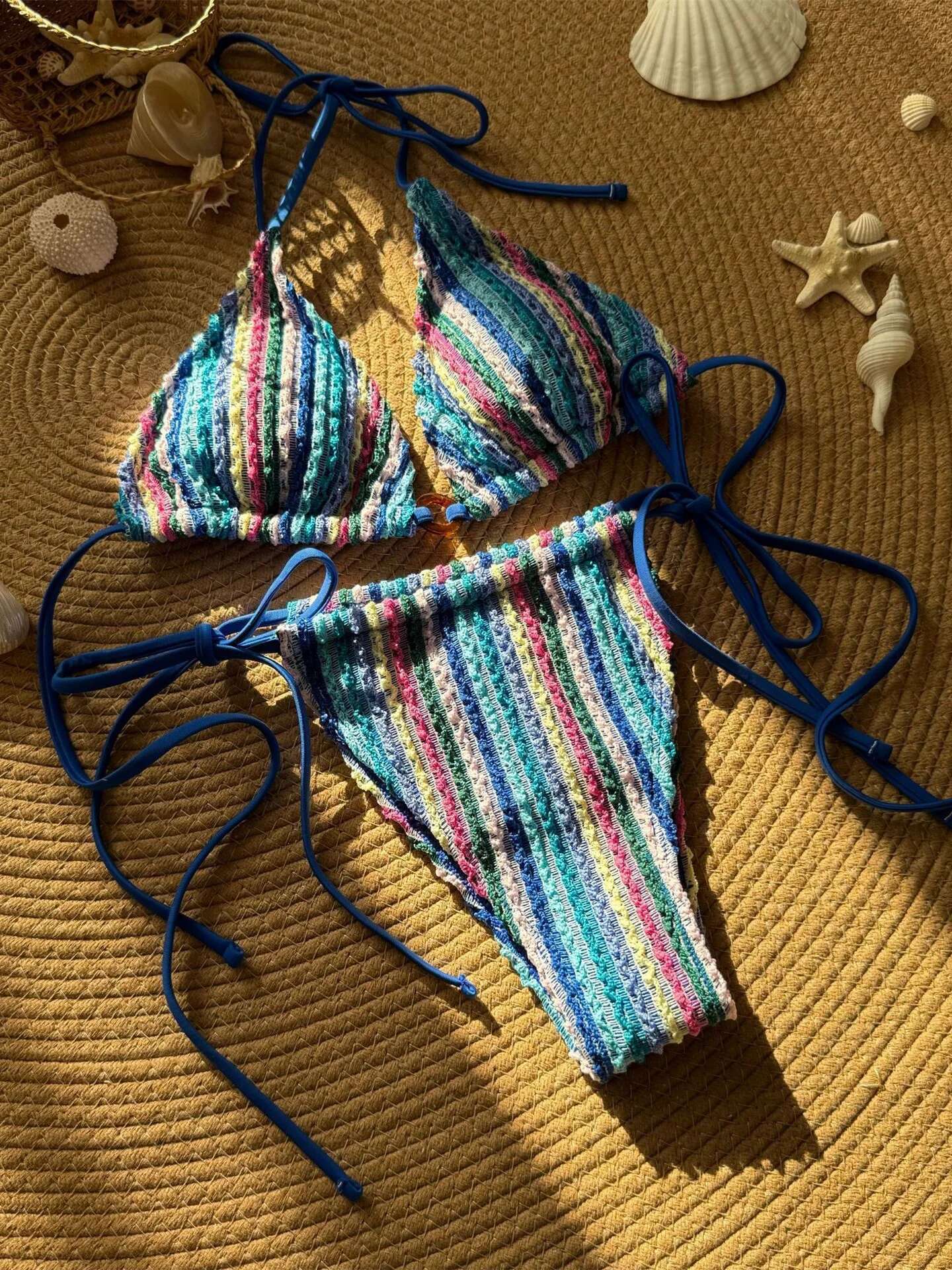 Dongdumaoyi Sexy Knitted Bikini Women Khaki Patchwork Push Up Swimsuit Brazilian Bathing Suit Pleate Drawstring Bandgae Thong Swimwear