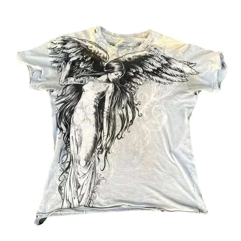 2025S High Street shirt Y2K oversized printed Haruku Gothic round neck cotton cover new men's T-shirt