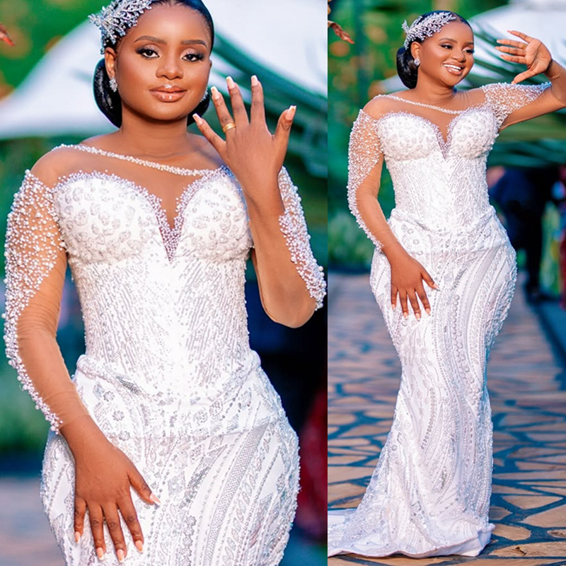 2025 Plus Size Mermaid Wedding Dress For Bride Bridal Gowns Long Sleeves Sheer Neck Long Sleeves Beaded Lace Tiered Tulle Wedding Gowns For African Bl