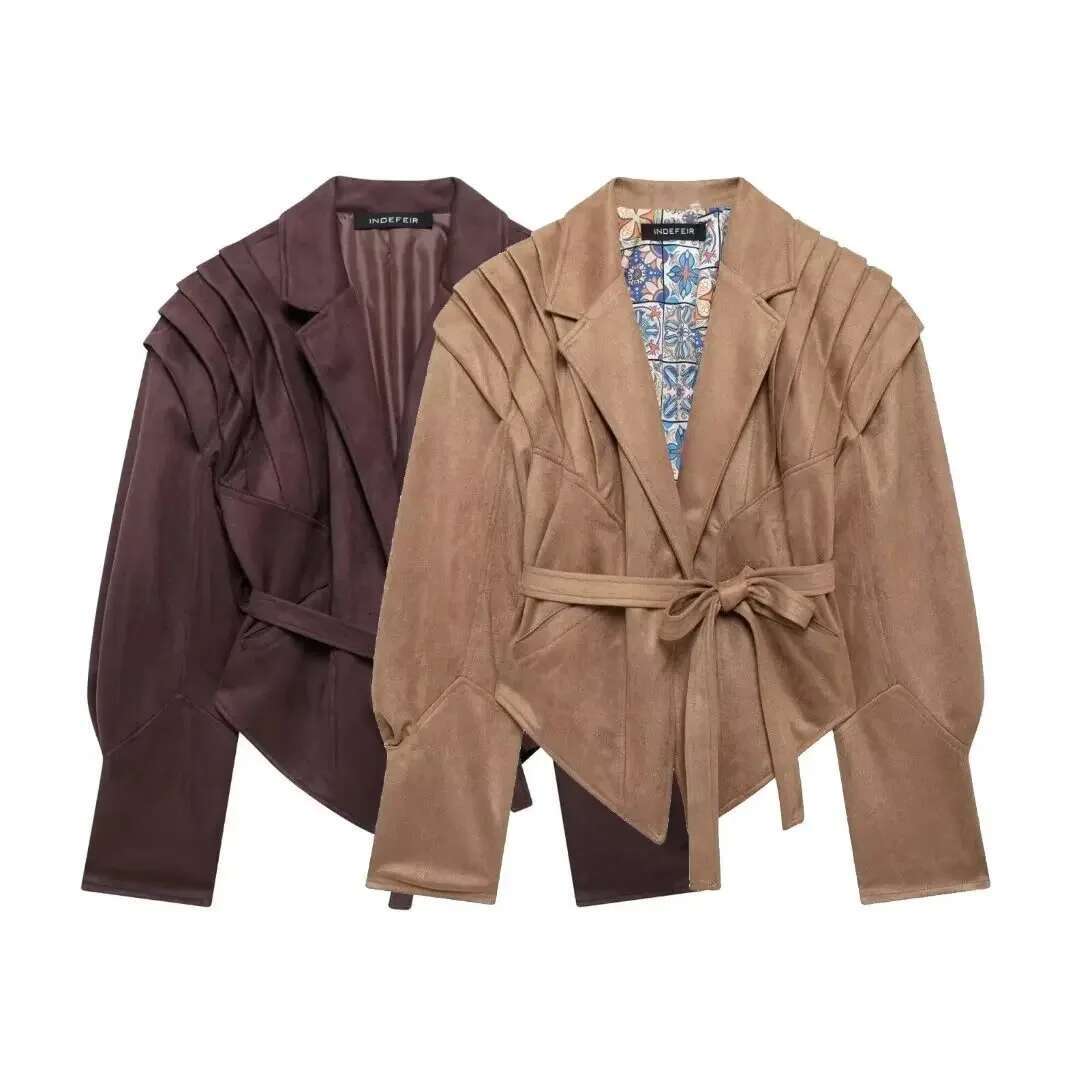 2024 Autumn New Women's Fashion Belt-Fitted Chamois Leather Jacket European And American Style Street Design Sensibility