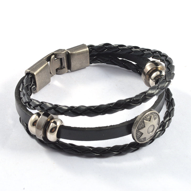 Hot Fashion Women Men Silver Gold Stainless Steel Round Black Brown Flower Leather Bangle Bracelets Jewelry