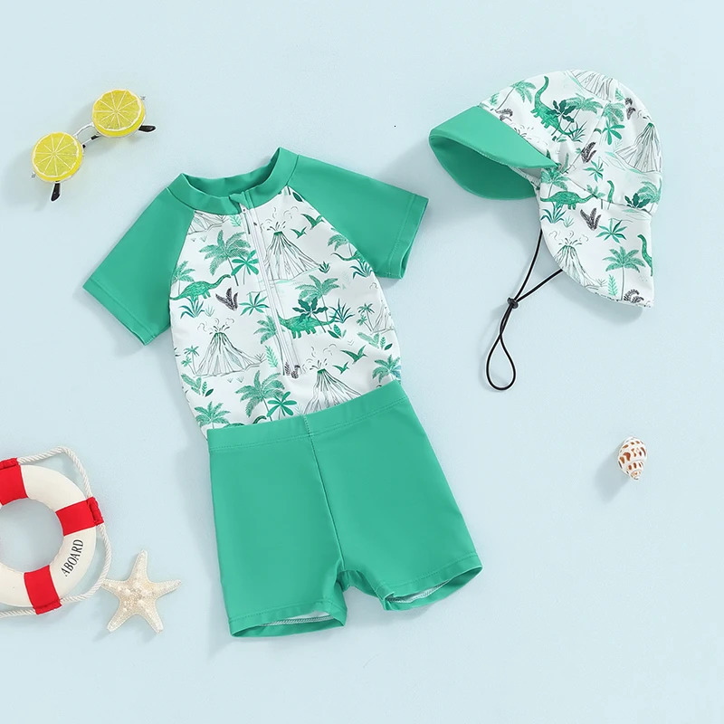Kids Swimsuit For Baby Girls Boys Rash Guard Beachwear Swimwear Dinosaur Print Short Sleeve Tops Swim Trunks Cap Bathing Suit 250407