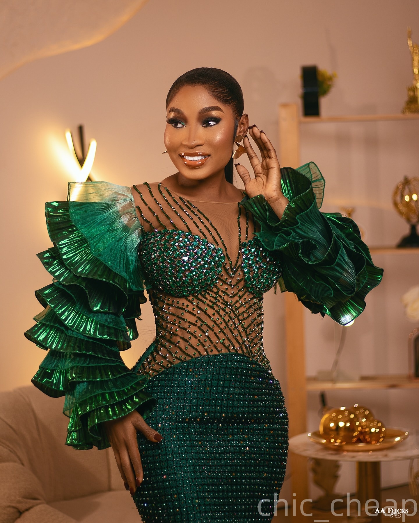 Aso Ebi Dark Green Sheath Prom Dresses 2026 Crystals Full Sleeves Evening Formal Party Second Birthday Engagement Gowns Plus Size Dress For Special Oc