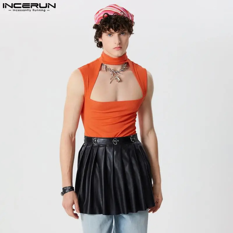 INCERUN Tops American Style Mens Sexy Hollow Knitted Tank Top Mens Street Clothing Elastic Half High Neck Sleeveless Tank Top S-5XL 250403