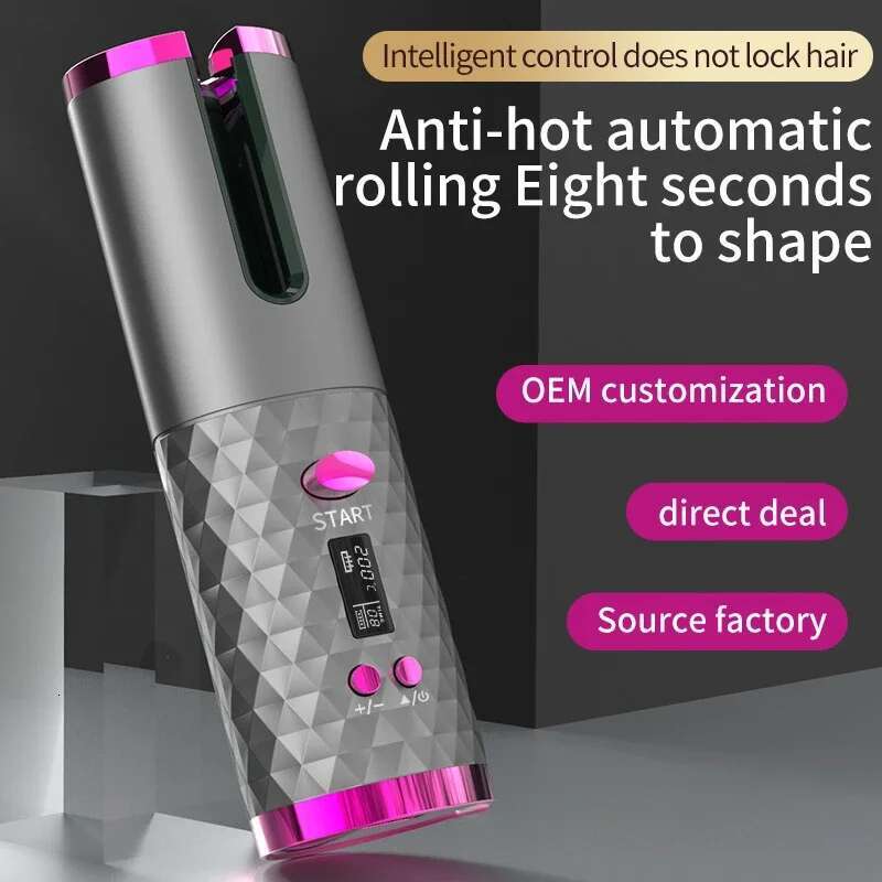 Automatic Wireless Cordless Rotating USB Rechargeable Curg Iron Display Temperature Adjustable Timing Hair Curler