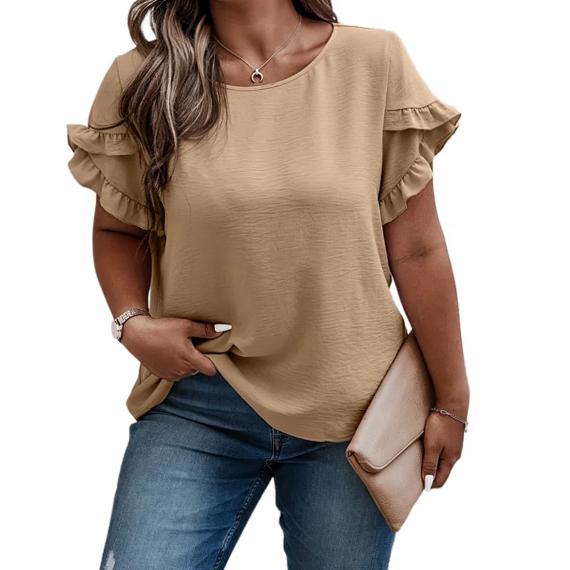 Womens 1XL5XL Plus Size Ruffle Decoration Tshirt Solid Color Flat Top Casual Spring Summer Short sleeved Dress 250407