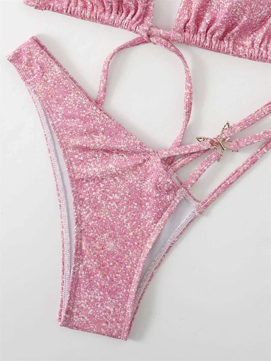 Dongdumaoyi Shiny Pink Bikini Mujer Swimwear Women Sexy Push Up Butterfly Designer High Waist Swimsuit Summer Bathing Suit Biquini