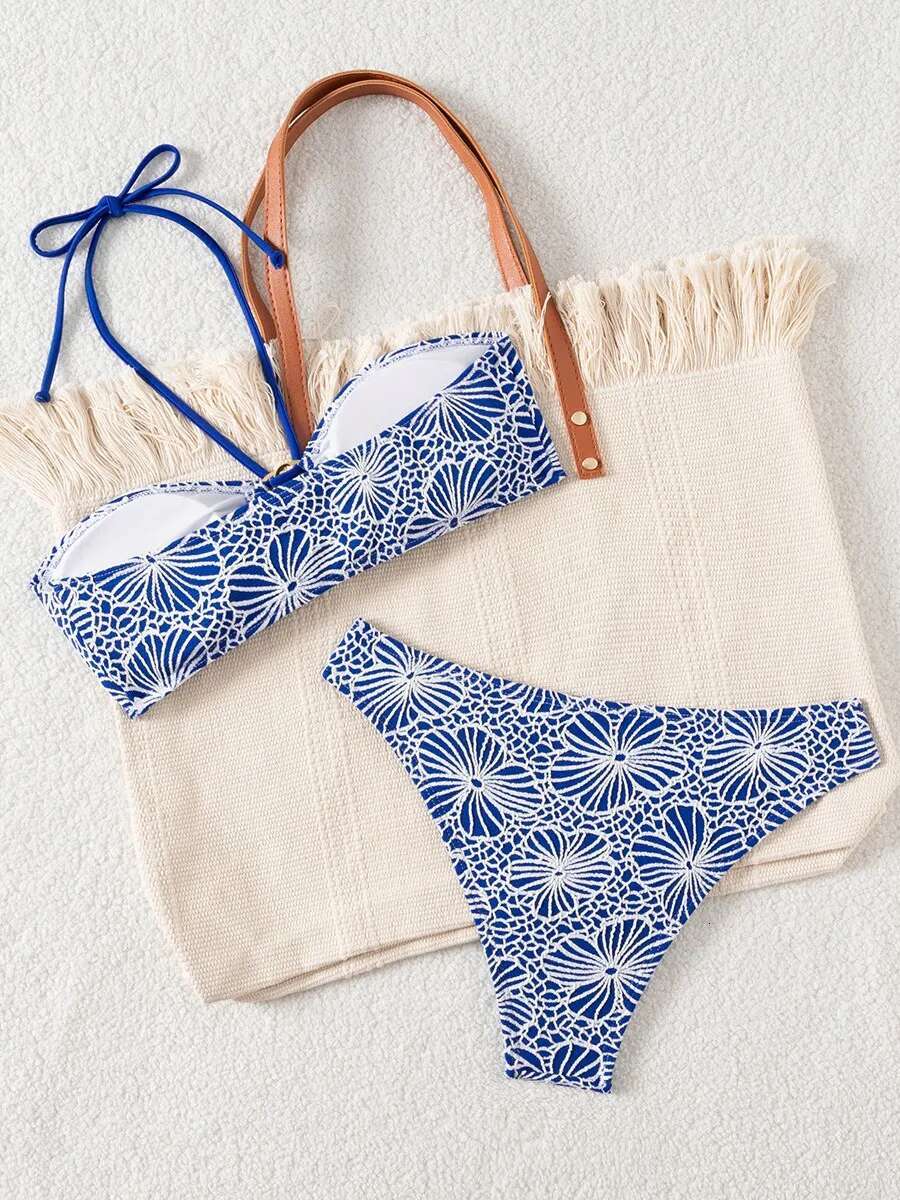 Dongdumaoyi Sexy Metal Water Droplet Ornament Bikini Set Women Black Floral Print Push Up Swimsuit Holiday Bathing Suit Thog Swimwear