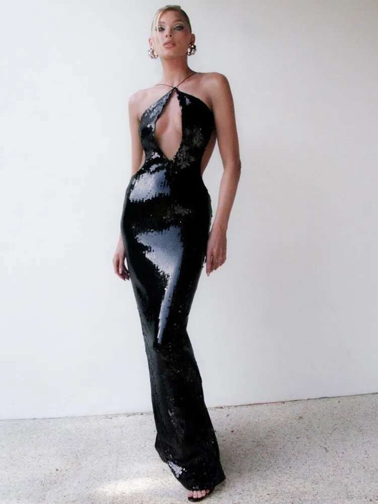 Women Summer Sexy Backless Halter Black Mesh Sequins Maxi Long Gowns Elegant Sparkly Evening Party Club Dress
