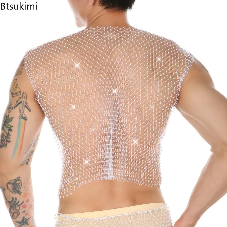 Sexy See Through Mesh T-shirt for Men Sparkling Diamond Fish Net Hollow Fish Tank Top Mens Carnival Party Nightclub Top 250402