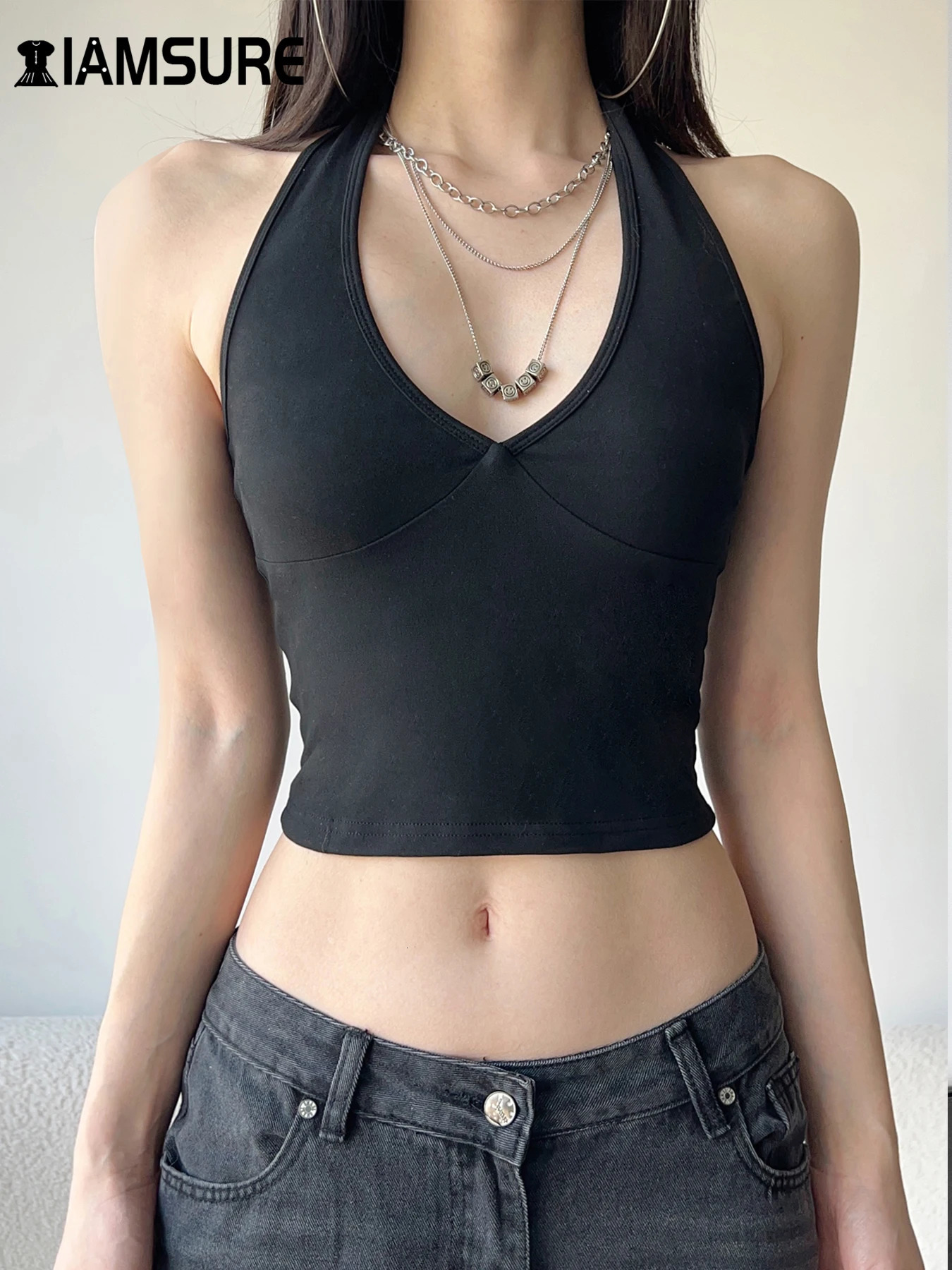 IAMSURE Basic Solid Backless Hanger Top Sexy Ultra Thin Deep Vneck Sleeveless Tank Womens Summer Fashion Street Clothing Women 250407