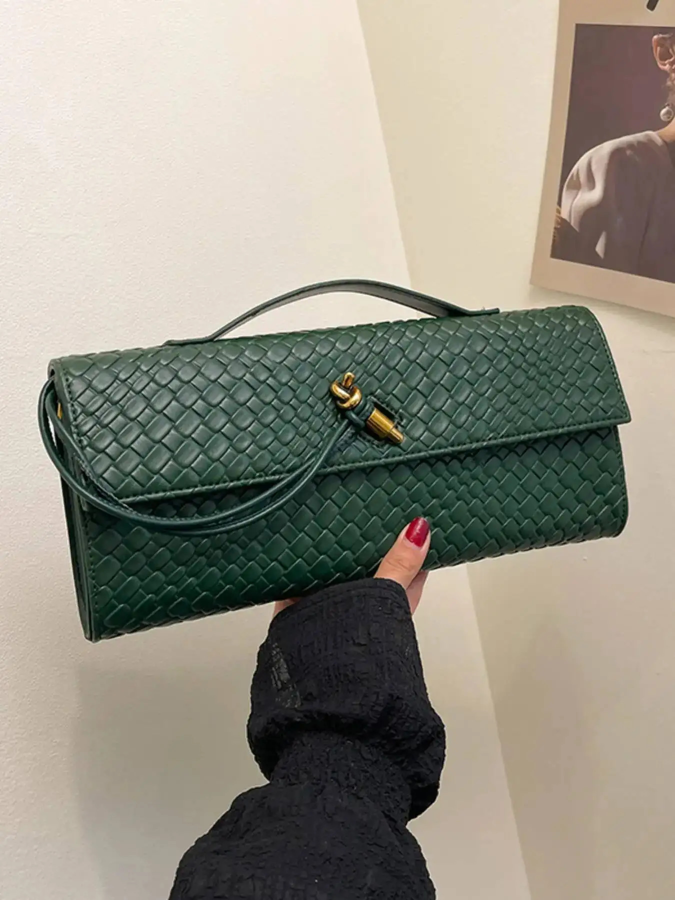 Womens Intage Minimalist Fauxwoven Felt Flap Lock Long Handbagtote Bag Large Capacity Clutch Suitable For R251107