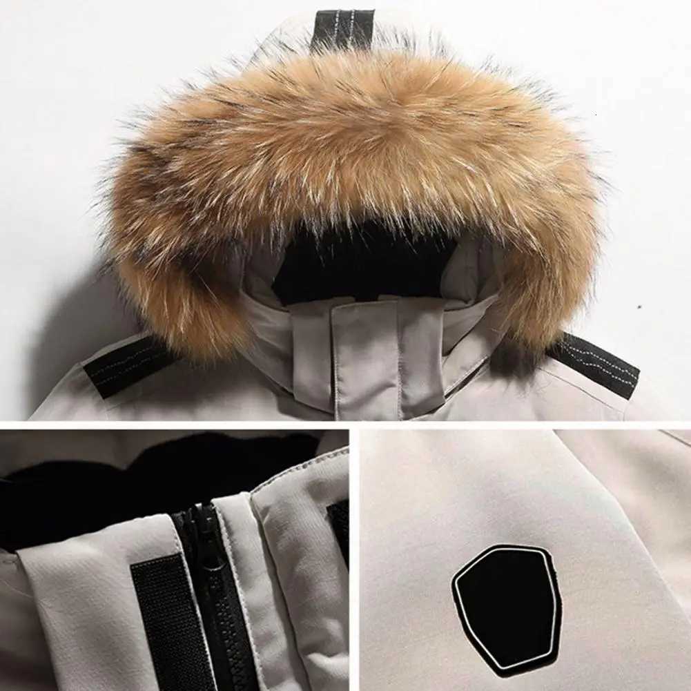 Warm Hooded Down Coat Mens Jacket with Faux Fur Trim Multiple Pockets Zipper Placket OutdoorT251107