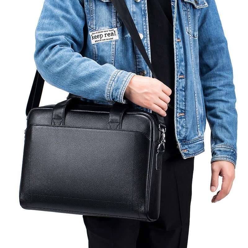 Men's Top Layer Cowhide Leather Handbag Diagonal Cross Office Bag Laptop Briefcase - Stylish Business Travel Accessory
