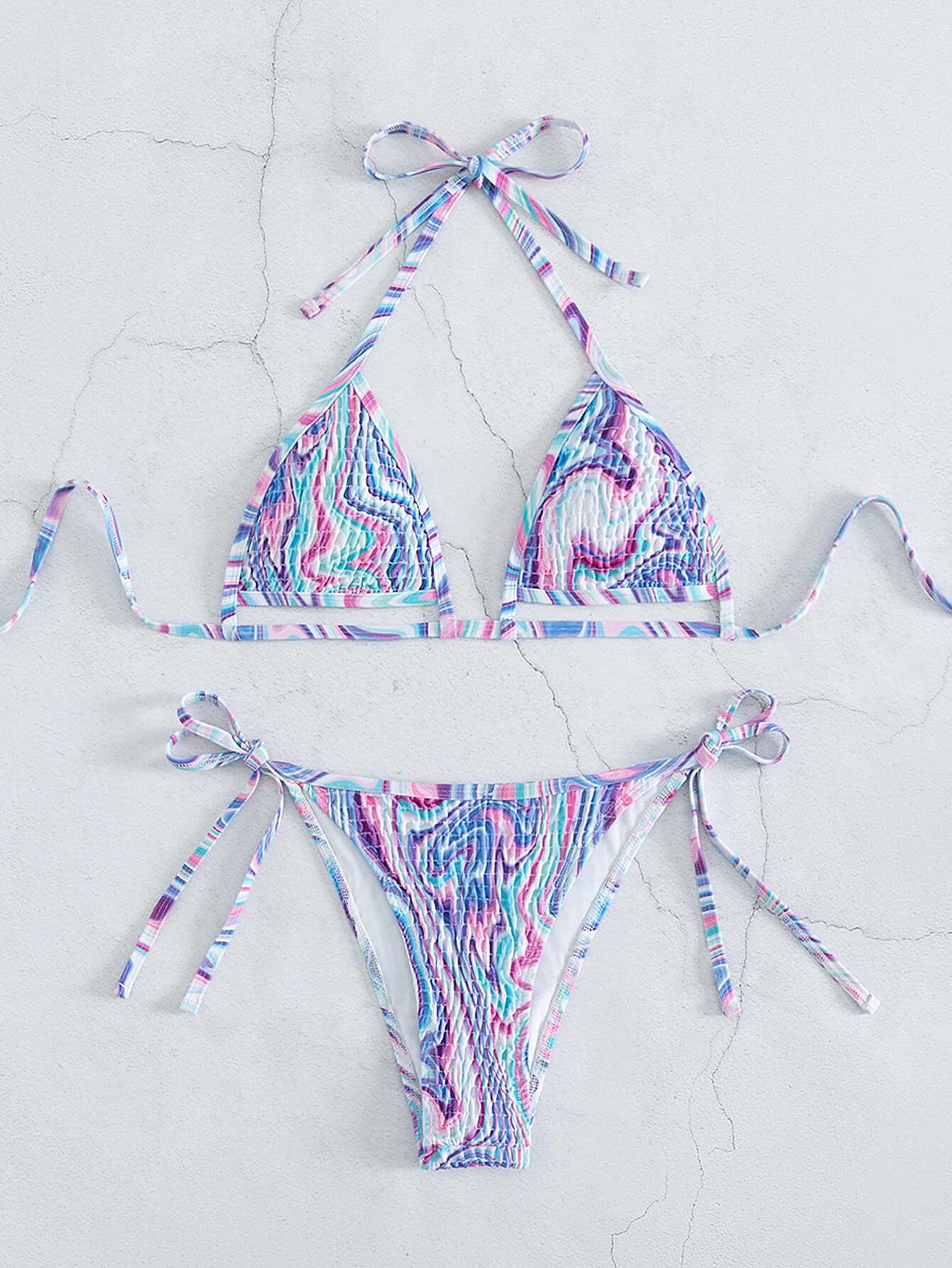Dongdumaoyi Sexy Pleate Gradient Micro Bikini Set Women Halter Cut Out Push Up Bra Tie Side Thong Swimwear Beach Bathing Suit Swimsuit