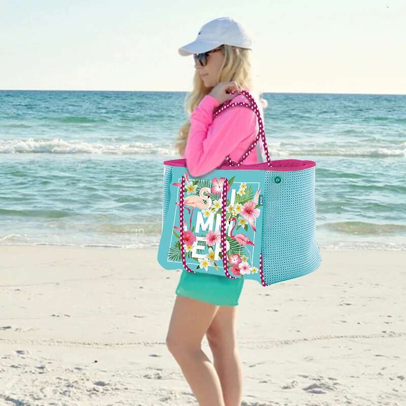 Diving Cloth Beach Bags Printed Flamingo Handbag Outdoor Picnic Women's Large Capacity Shoulder Tote Bag Neoprene