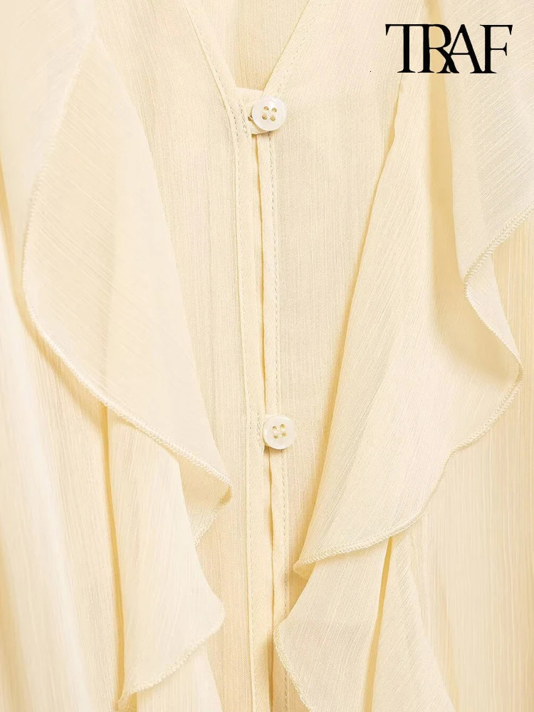 TRAF Womens Fashion Solid Color Multi Layer Ruffle Shirt Unique Perspective Vneck Single Chest Long Sleeve High Neck Top 250407