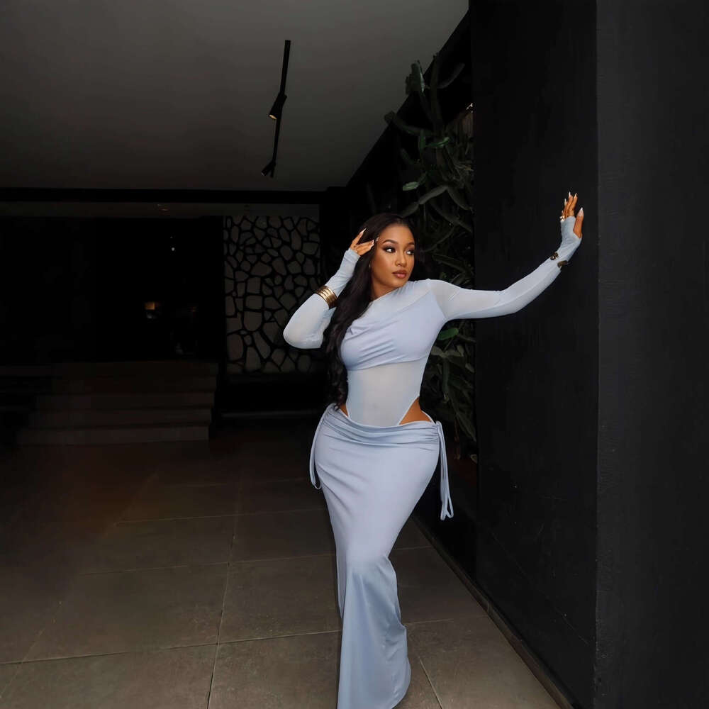 2025 Winter New Cross-Border Women's Fashion Solid Color Long Sleeve Sexy Slim Tie Half Skirt Two-Piece Set