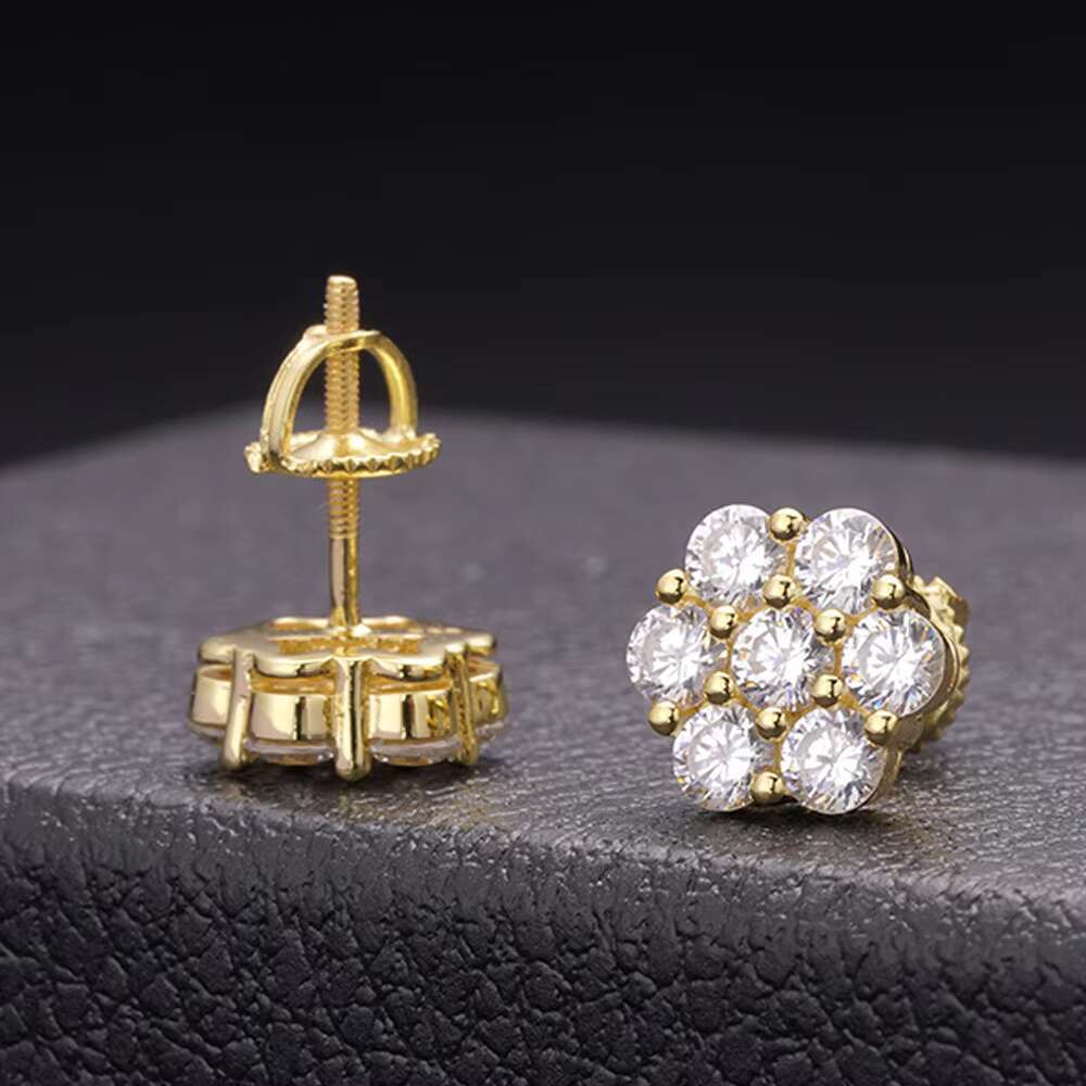 Hip Hop Jewelry Gold Plated Iec Out VVS Moissanite 925 Sterling Silver Flower Cluster Earrings for Men