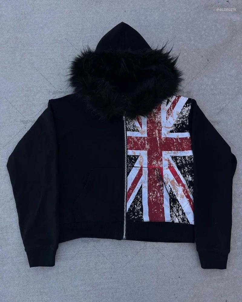 Men's Hoodies Black Printed National Fur Collar Oversized Hoodie Men Street Retro Clothing High Trendy Brand Zipper Sweatshirt