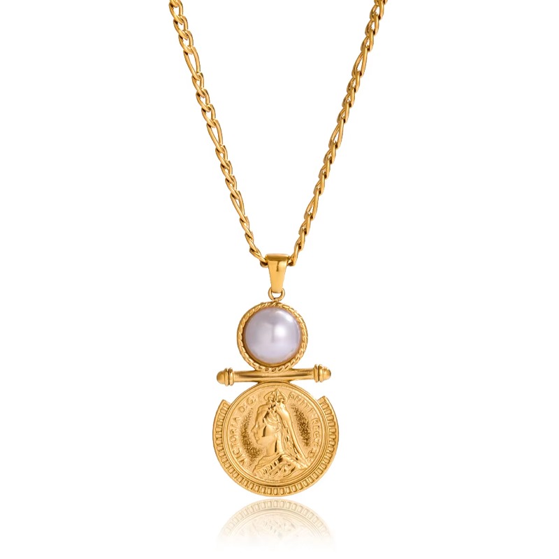 18K PVD Gold Plating Waterproof Aniti Tarnish Delicate Figro Pearl Coin Portrait Pendant Necklace